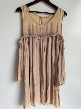 Oli & Hali Boho Peasant Top Womens Large Beige Purple Cold Shoulder Ruffle Gauze